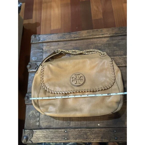 Tory Burch Marion Whipstitch Saddle Bag Tan Leather 2-way Bag Soft - Picture 9 of 10